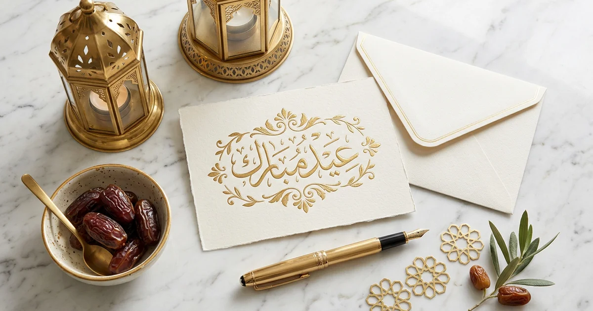 Eid Card Etiquette: Sincere Phrasing and Festive Mailing Guidelines Luxurious photorealistic flat-lay of a high-end cream-colored Eid Mubarak greeting card with gold calligraphy on white marble table